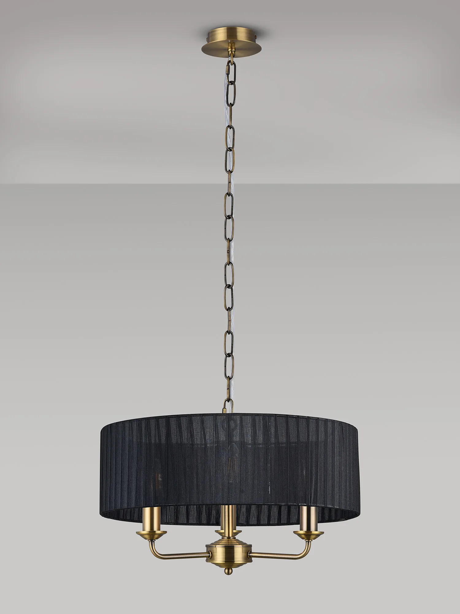 Banyan 3 Light Multi Arm Pendant With 45cm x 15cm Organza Shade Antique Brass/Black DK0867  Deco Banyan AB BL